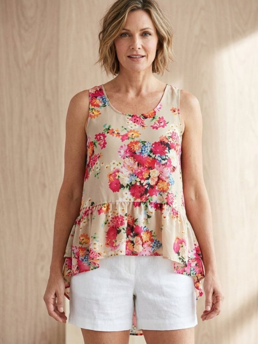 FOREVER 21 Size Med Tan Floral Hi-low Long Blouse